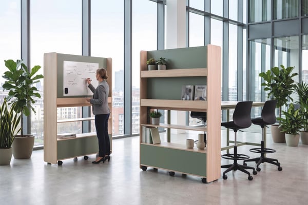 Buronomic nomadia meuble multimedia verso avec bac ou tableau blanc sauge chene fil