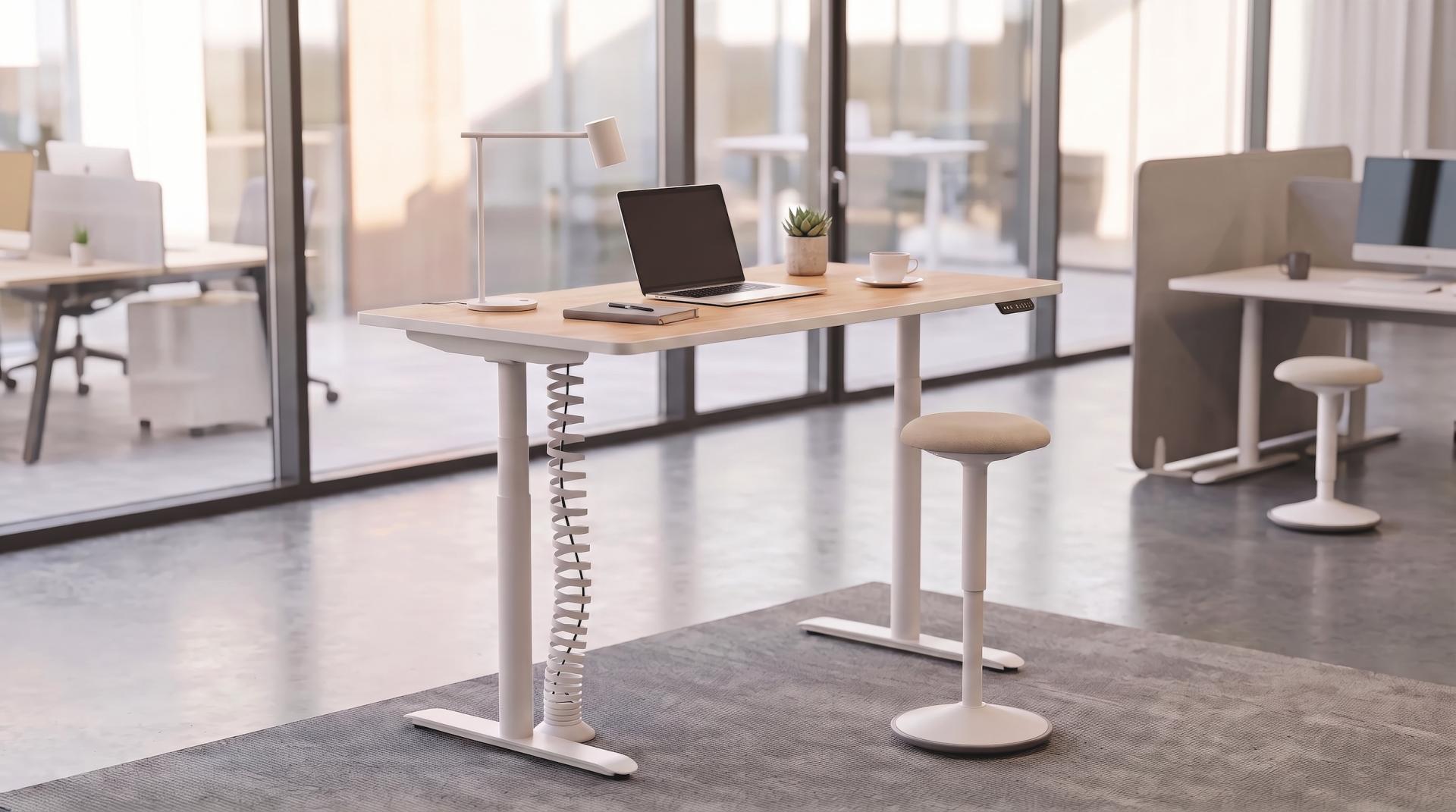 Buronomic nuanza bureau reglable en hauteur electrique blanc chene fil avec tabouret gemini